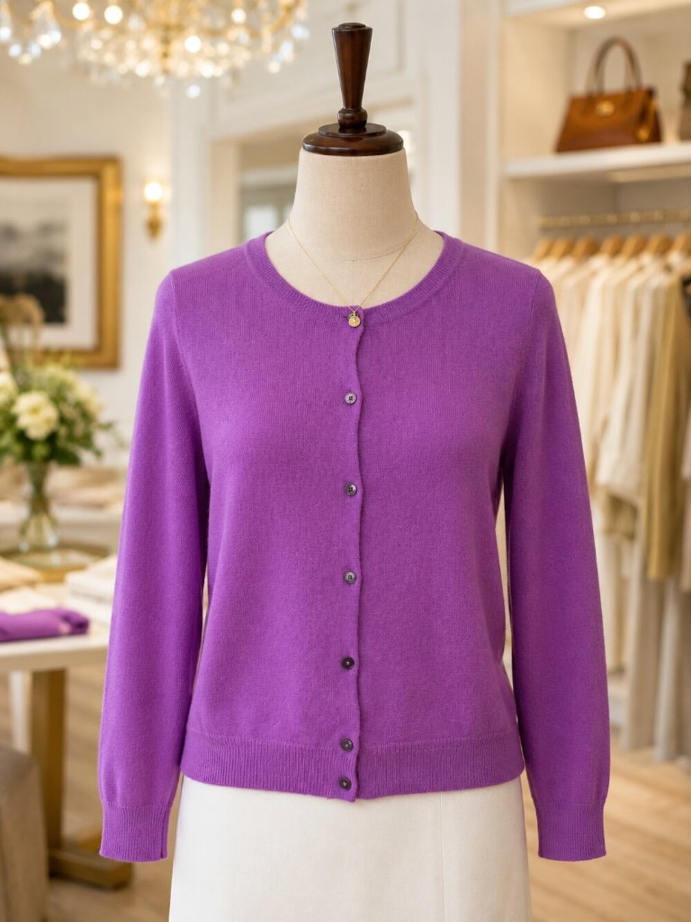 BODEN 100% Cashmere Cardigan Women's Purple Crew Neck Button Front Sweater